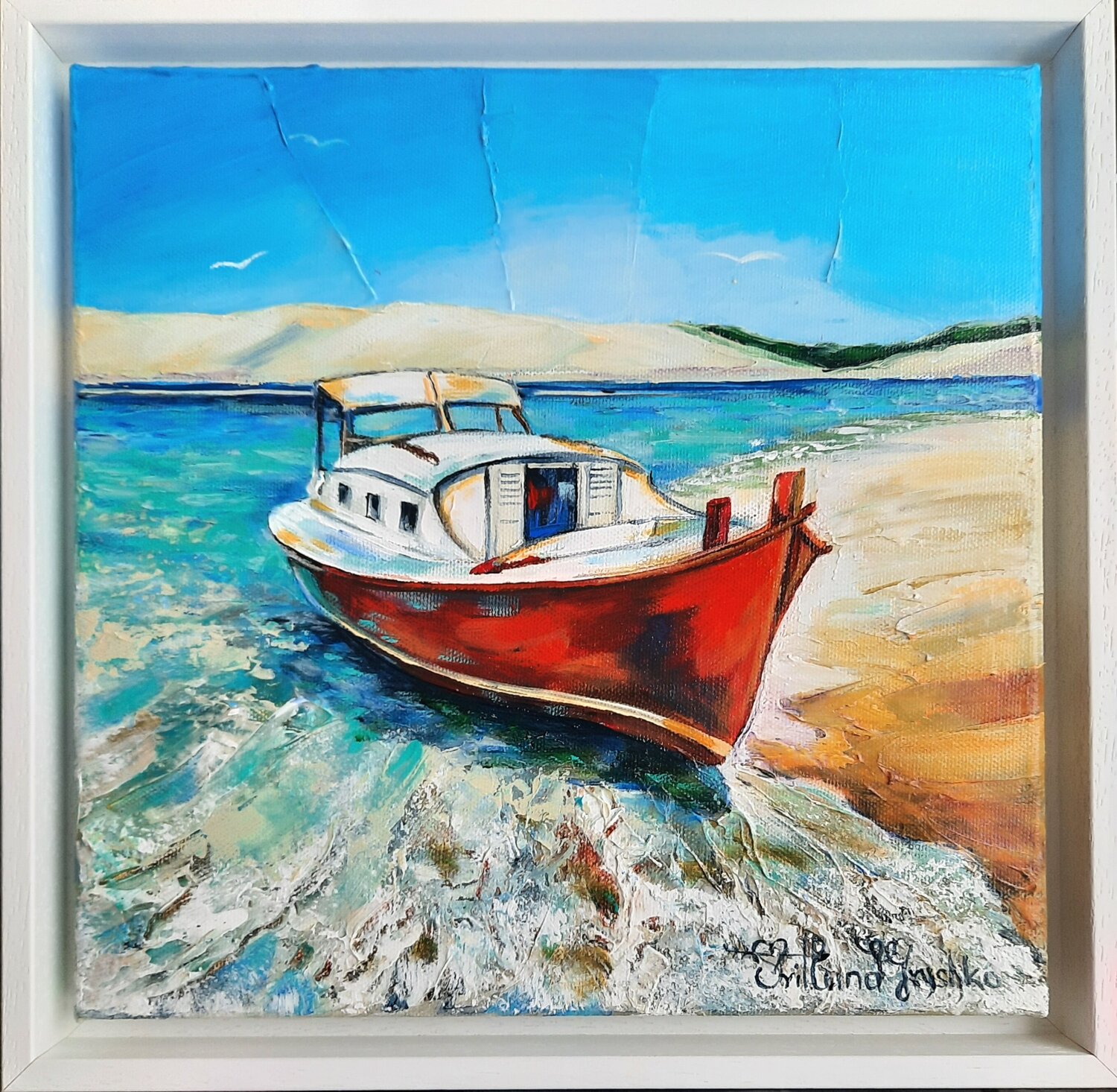 La Pinasse rouge et la Dune de Pyla. Svitlana Gryshko Loguinoff Original painting for sale