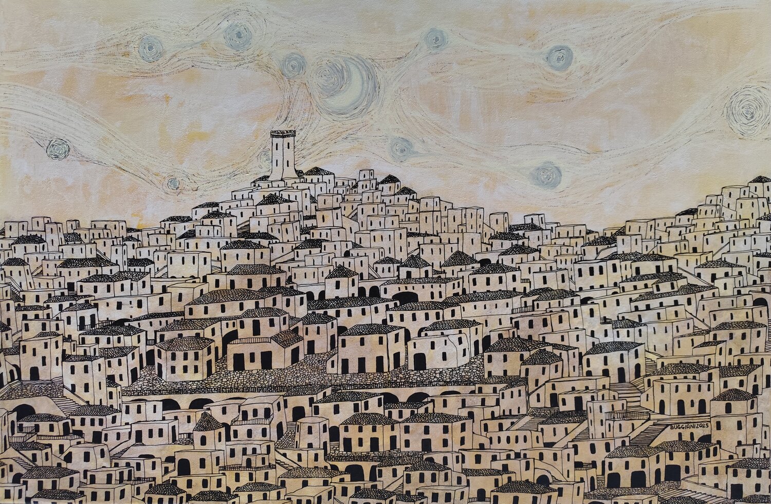 La Città Bianca - Notte Stellata Renzo Buggiani Original painting for sale