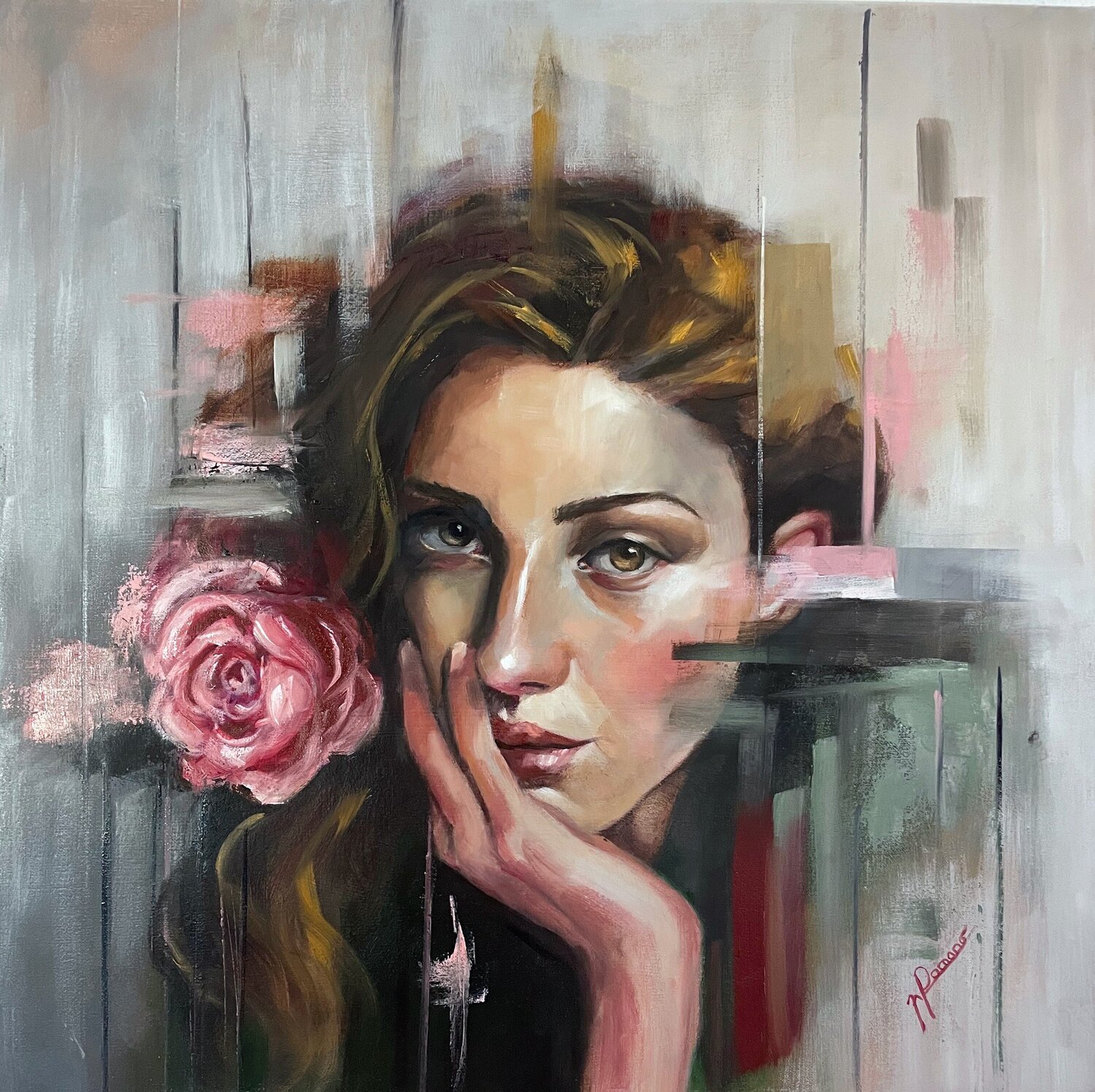 La ragazza con La Rosa maria romano Original painting for sale