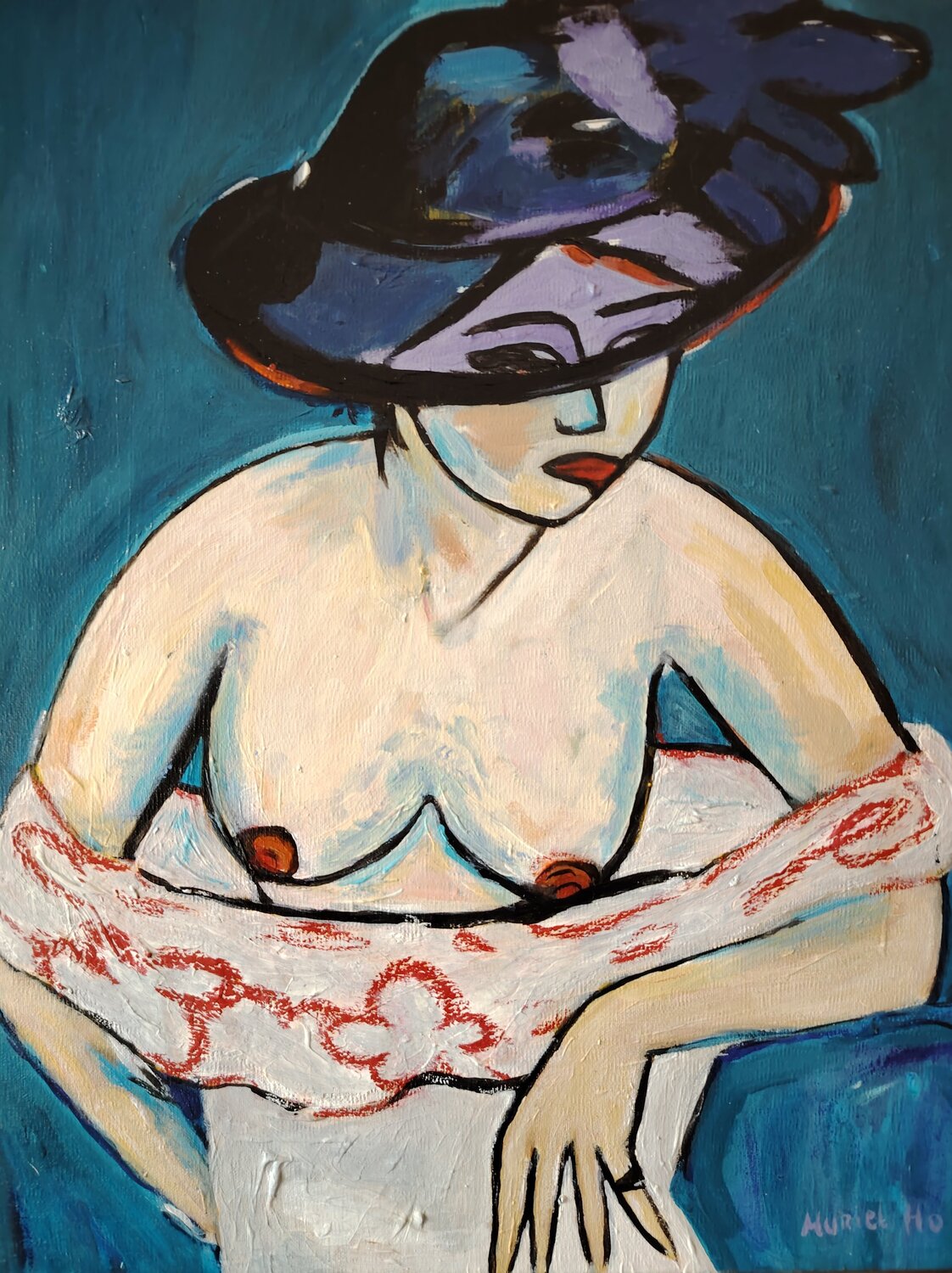 Femme à moitié nue avec chapeau Muriel Ho Paintings Original painting for sale