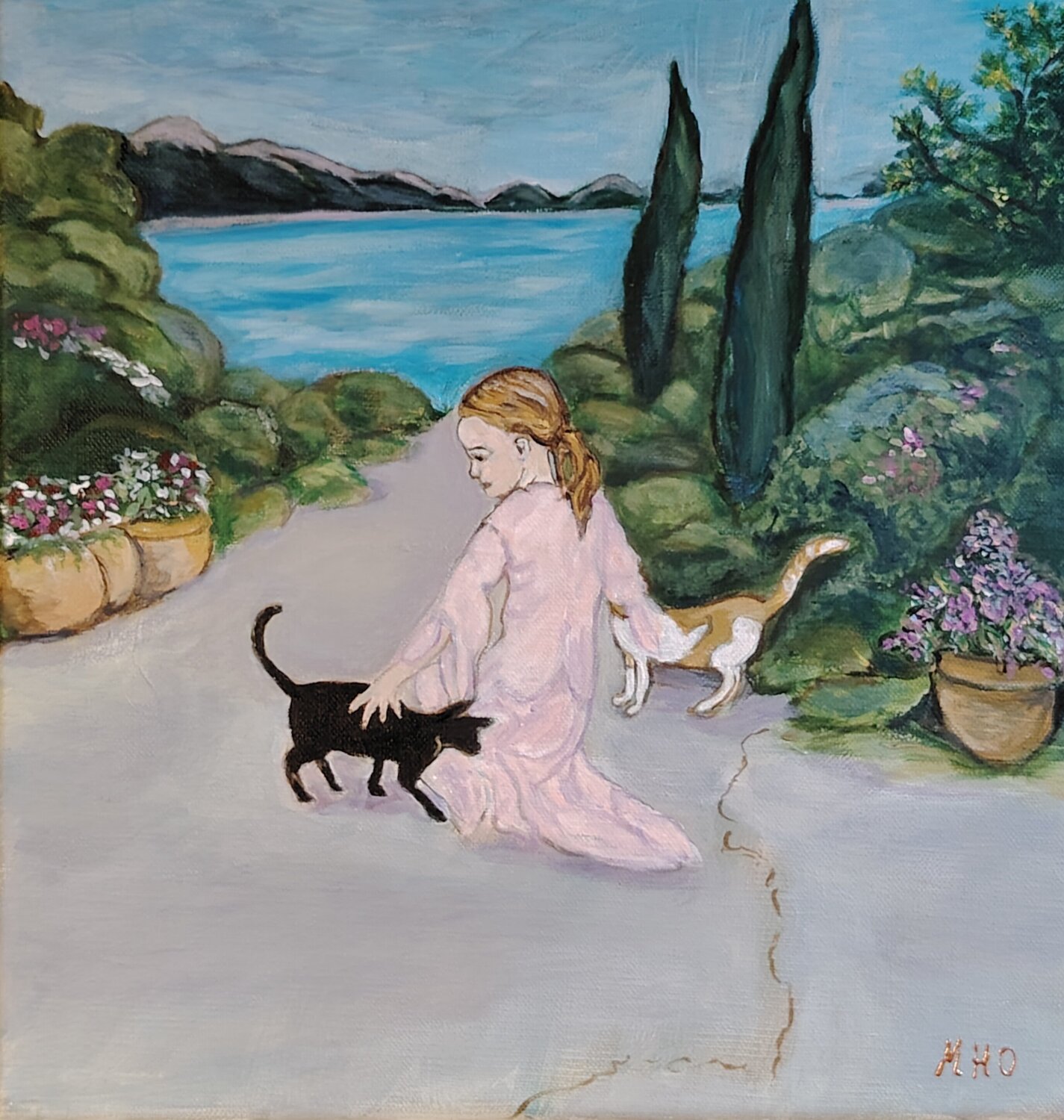 Fillette aux chats Muriel Ho Paintings Original painting for sale