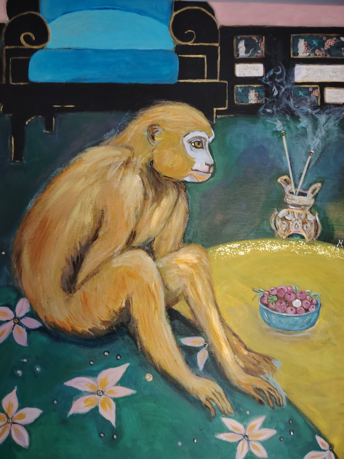 La méditation du petit singe roux Muriel Ho Paintings Original painting for sale