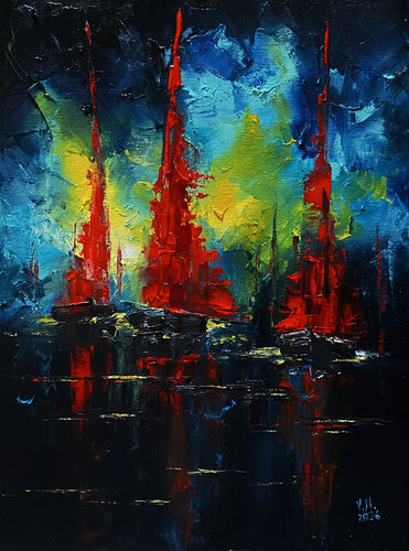 Yachts at sunset by Volodymyr (Vladimir) Nezdiimynoha (Nezdiymynoga), Painting for Sale on Select