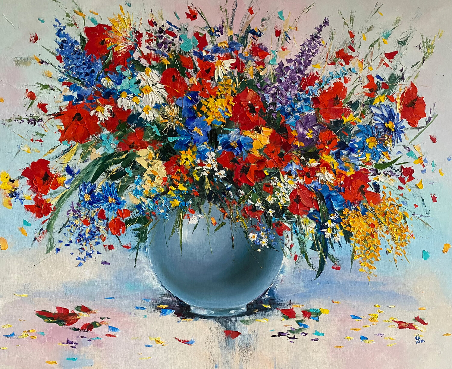 Bouquet of wild flowers in a vase Volodymyr (Vladimir) Nezdiimynoha (Nezdiymynoga) Original painting for sale