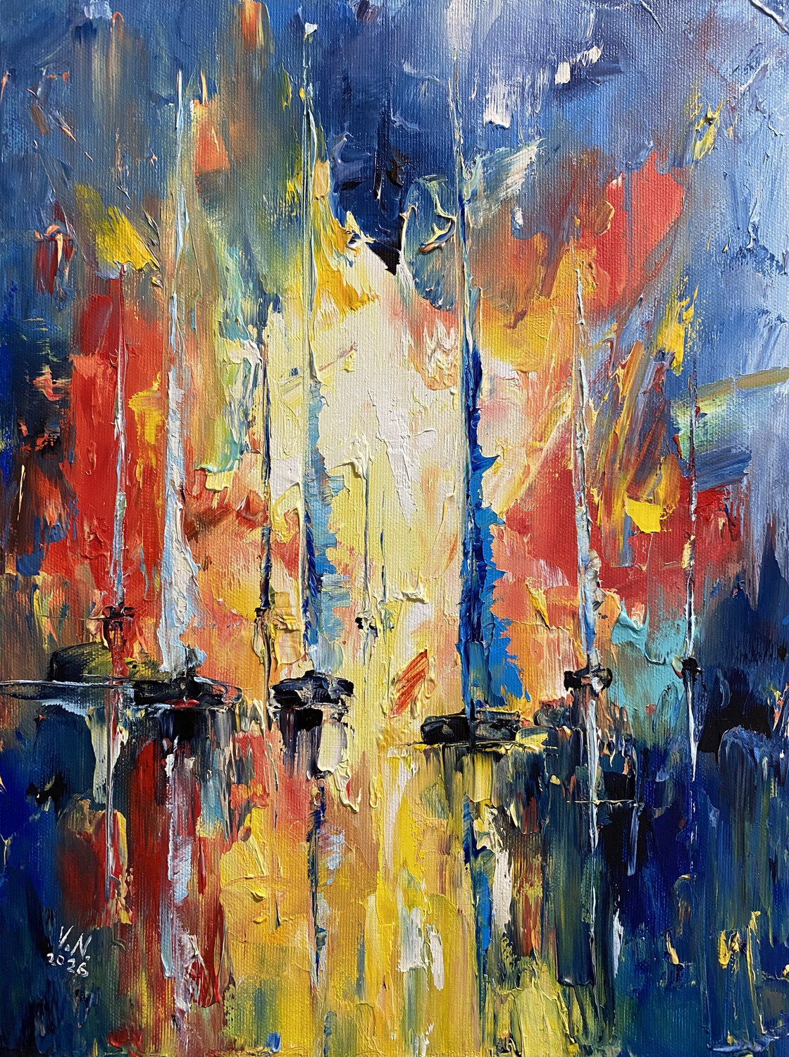 Yachts at dawn. Volodymyr (Vladimir) Nezdiimynoha (Nezdiymynoga) Original painting for sale