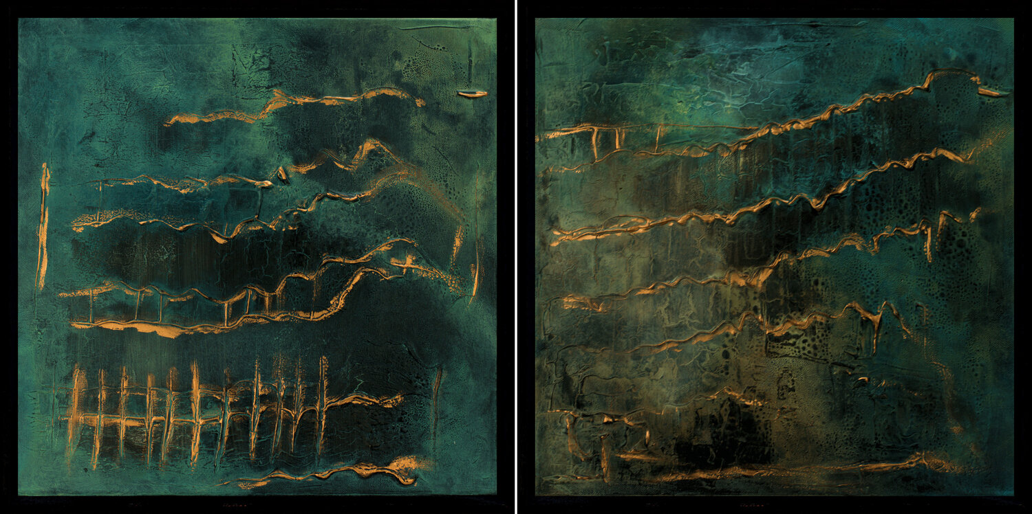 Echoes in Gold - 2 x 43 x 43 cm Edelgard Schroer Original painting for sale