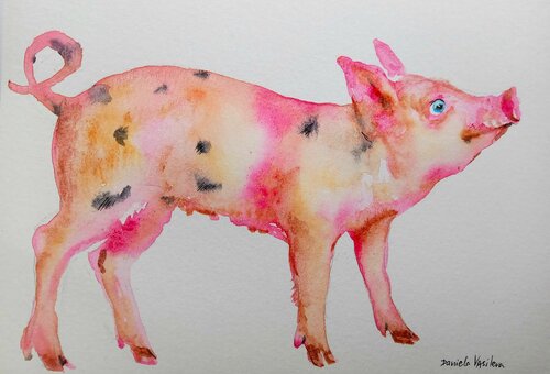 Lucky pink piglet by Daniela Vasileva, Painting for Sale on Select