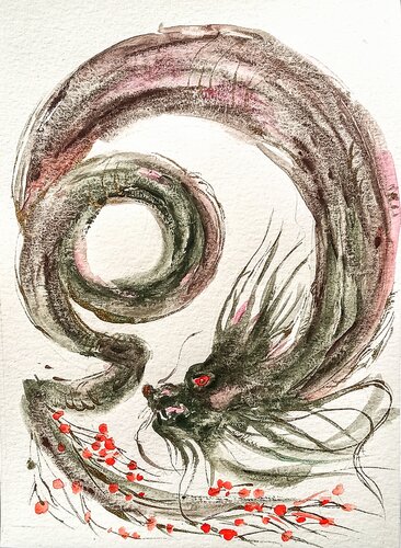 Dragon in cherry flowers by Daniela Vasileva, Painting for Sale on Select
