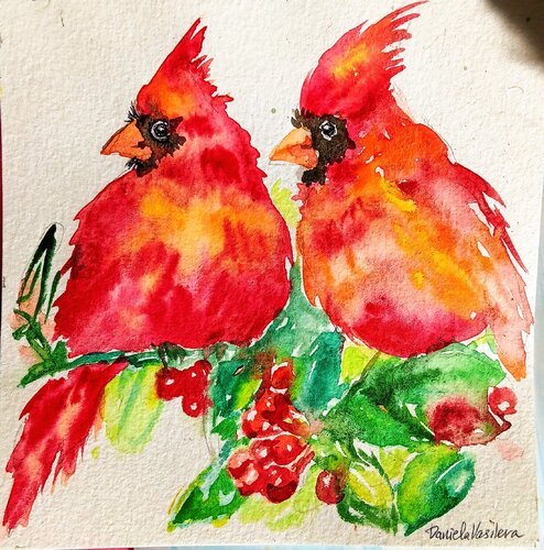 Red Christmas cardinals by Daniela Vasileva, Painting for Sale on Select