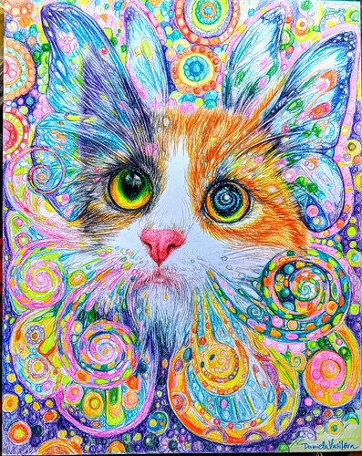 Cat with very pink nose and kaleidoscope whiskers by Daniela Vasileva, Painting for Sale on Select