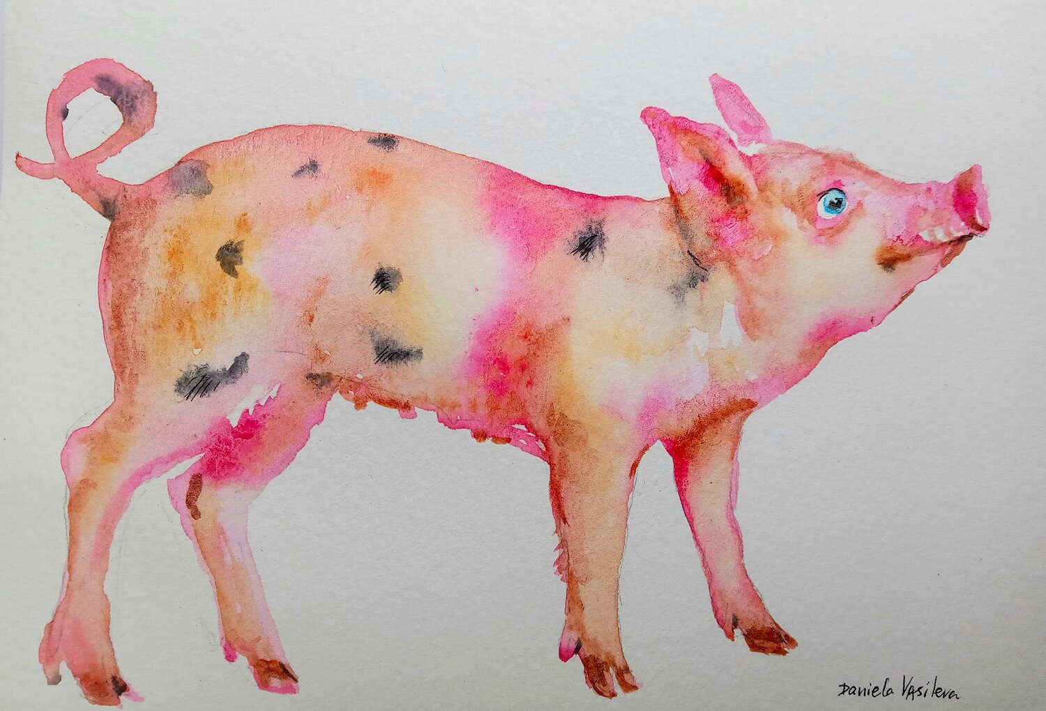 Lucky pink piglet Daniela Vasileva Original painting for sale