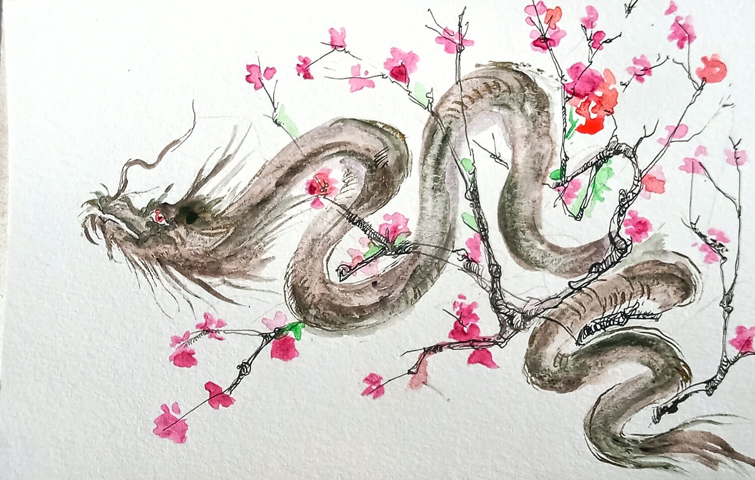 Dragon in cherry branches Daniela Vasileva Original painting for sale
