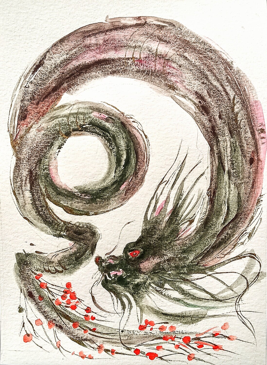 Dragon in cherry flowers Daniela Vasileva Original painting for sale