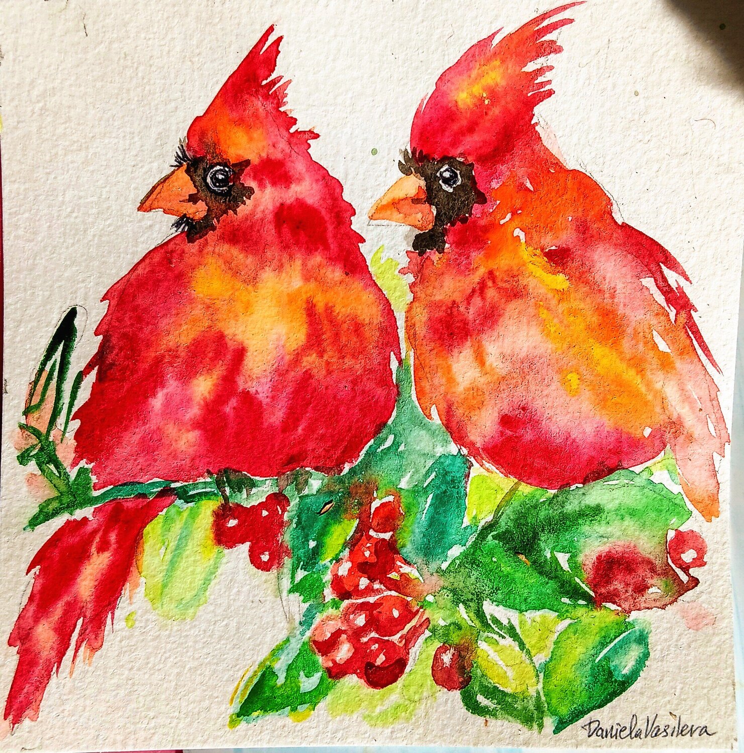 Red Christmas cardinals Daniela Vasileva Original painting for sale