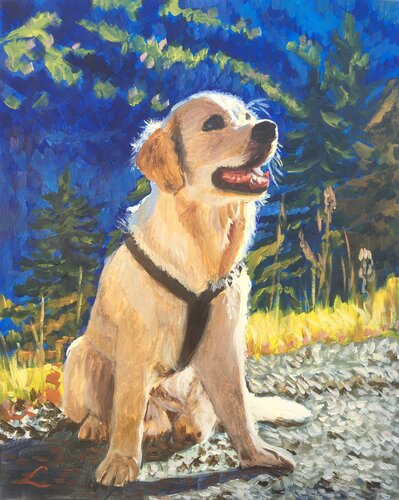 Dog on the mountain road by Elena Sokolova, Painting for Sale on Select