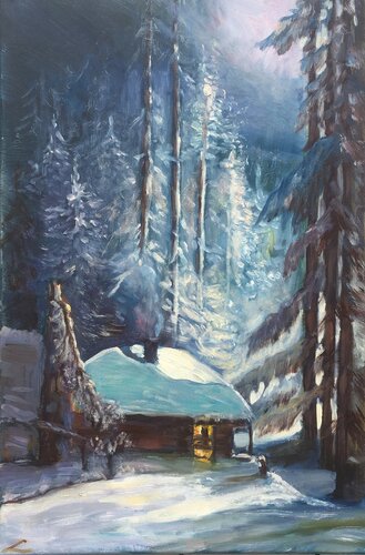Hut in a Wintry Forest by Elena Sokolova, Painting for Sale on Select