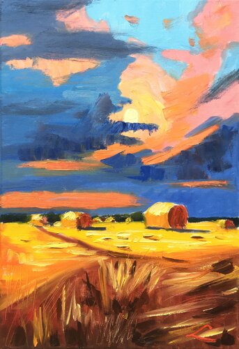 Haystacks before rain by Elena Sokolova, Painting for Sale on Select