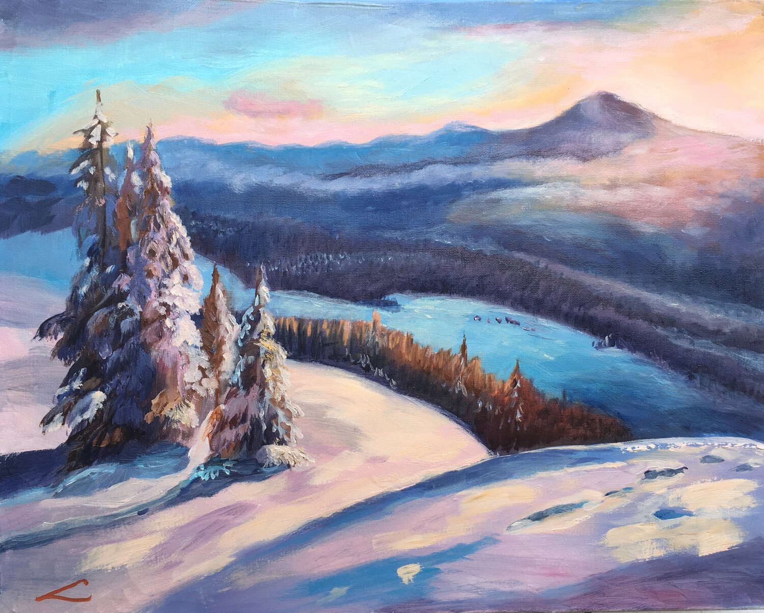 Winter sunrise landscape Elena Sokolova Original painting for sale