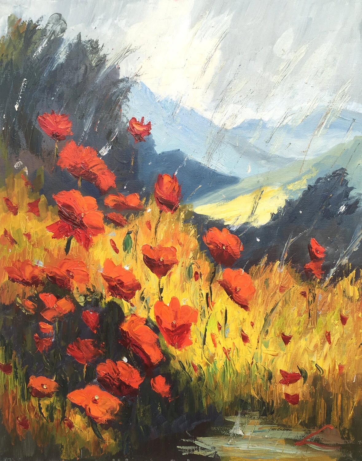 Poppies in rain Elena Sokolova Original painting for sale