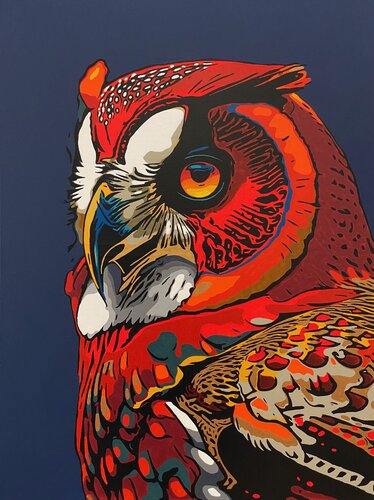 Scarlet Owl by Christelle RIFFET (Cehere), Painting for Sale on Select