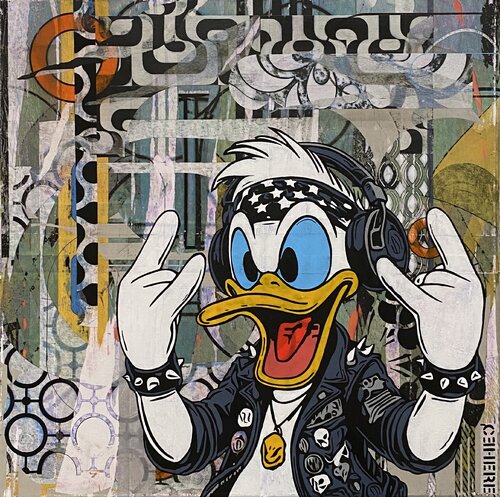 Punk Duck Pop Art – Urban Street Art & Mixed Media Painting - Cehere von Christelle RIFFET (Cehere), Malerei kaufen auf Select