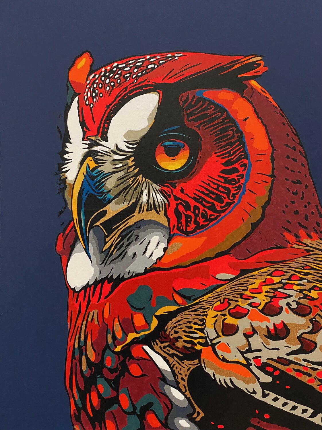 Scarlet Owl Christelle RIFFET (Cehere) Original painting for sale