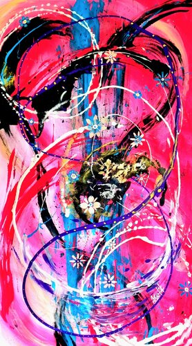 Blooming in Motion on pink,rose,mauve background & black lines by Lena Zwetik, Painting for Sale on Select