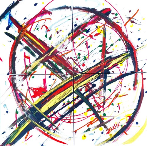 Unity in Chaos of black,gold,red,yellow,green,blue on white by Lena Zwetik, Painting for Sale on Select