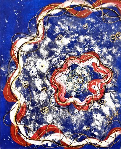 Cosmic Flower in red & white & gold flowing lines on royal blue by Lena Zwetik, Painting for Sale on Select
