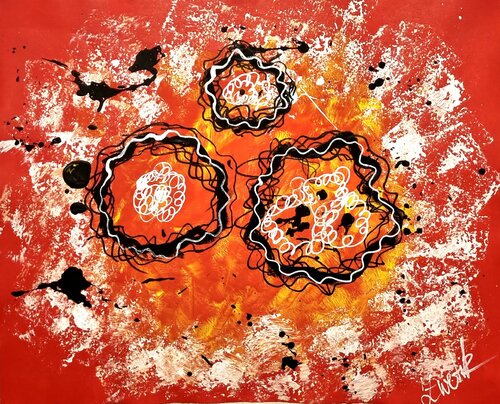 Red Energy black & white lines and splashes on yellow & red by Lena Zwetik, Painting for Sale on Select