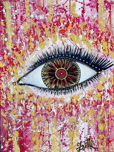 Abstract & Surreal Eye - splatters in pink, rose red, white & gold by Lena Zwetik, Painting for Sale on Select