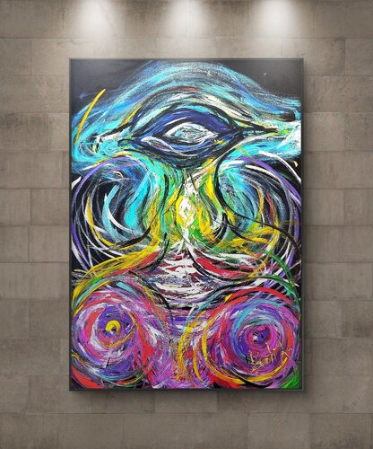 Surreal eye of the abstract universe with blue,turquoise,pink by Lena Zwetik, Painting for Sale on Select