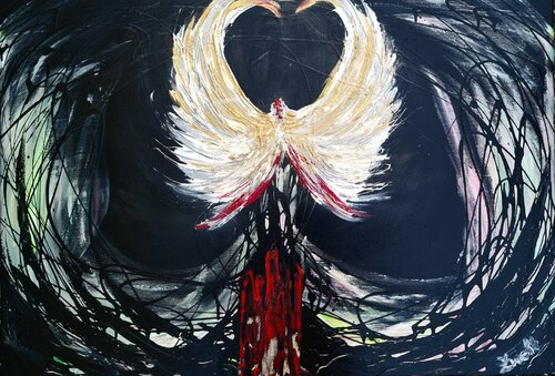 Surreal Phoenix Heart-white wings with red and gold accents on black by Lena Zwetik, Painting for Sale on Select