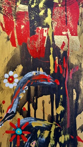 Abstract & Expressionistic Spirits in Bloom - gold & red by Lena Zwetik, Painting for Sale on Select