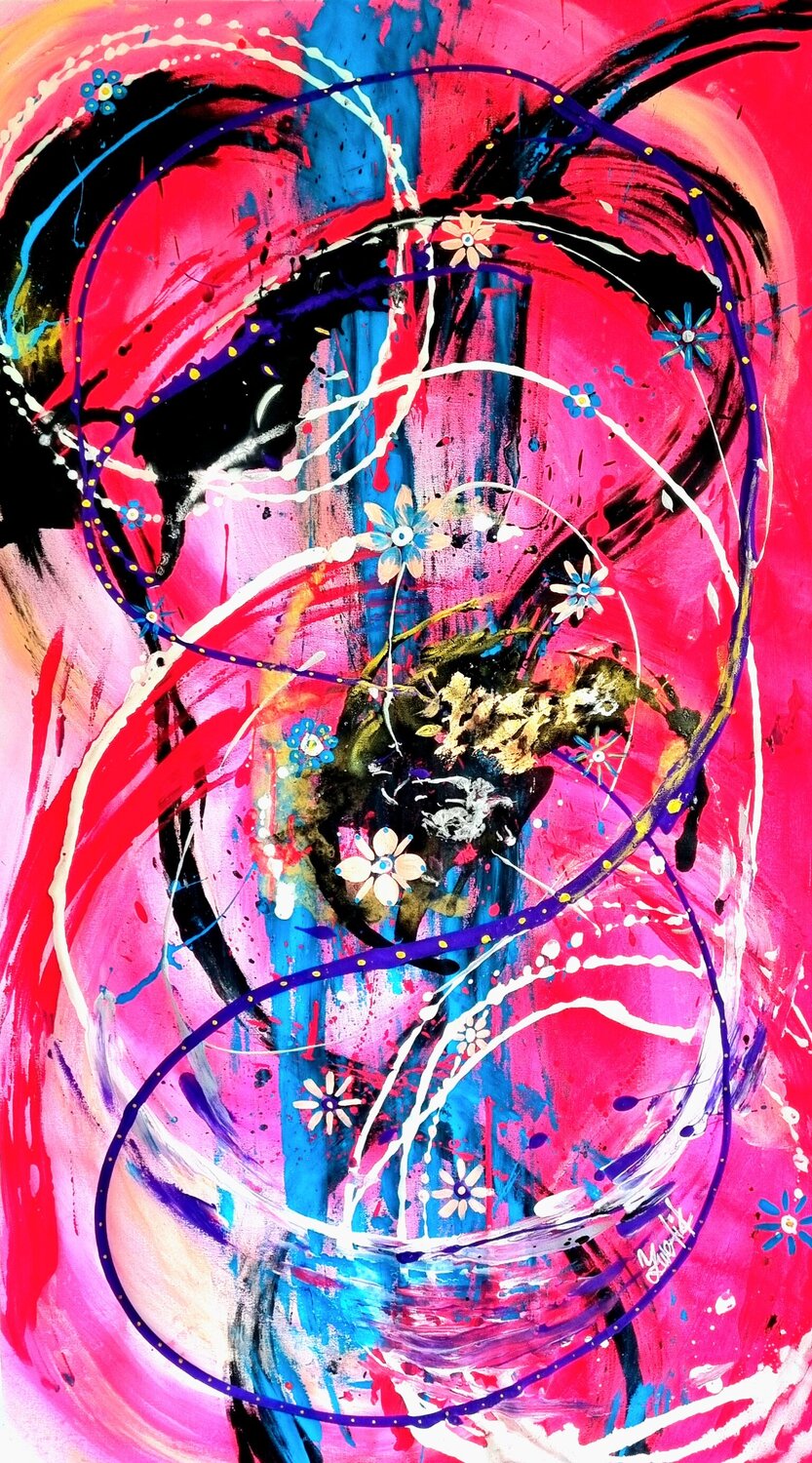 Blooming in Motion on pink,rose,mauve background & black lines Lena Zwetik Original painting for sale