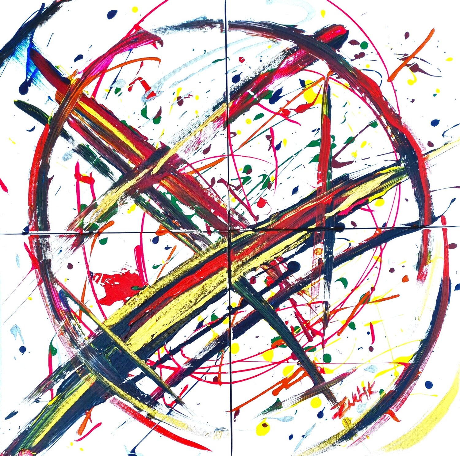 Unity in Chaos of black,gold,red,yellow,green,blue on white Lena Zwetik Original painting for sale