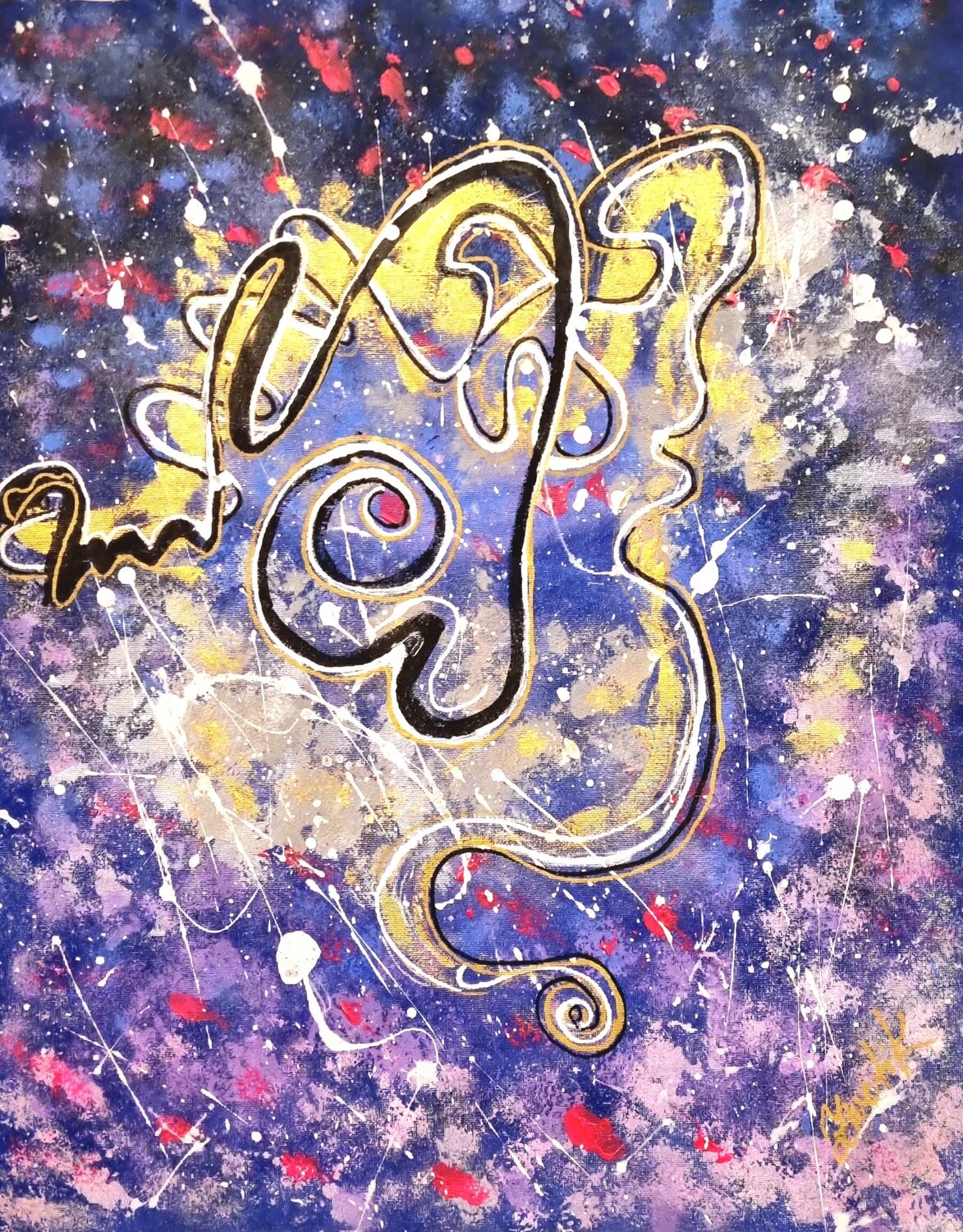 Purple Cosmos white black, gold stripes & white,pink splashes Lena Zwetik Original painting for sale