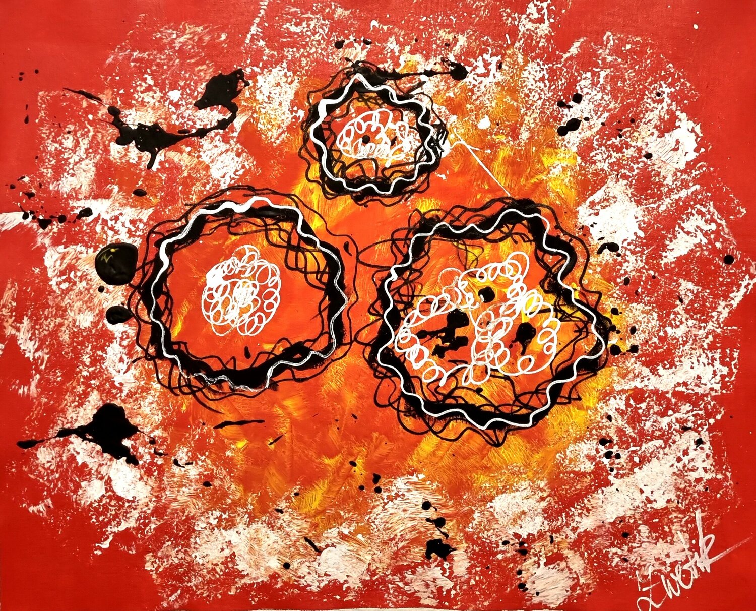 Red Energy black & white lines and splashes on yellow & red Lena Zwetik Original painting for sale