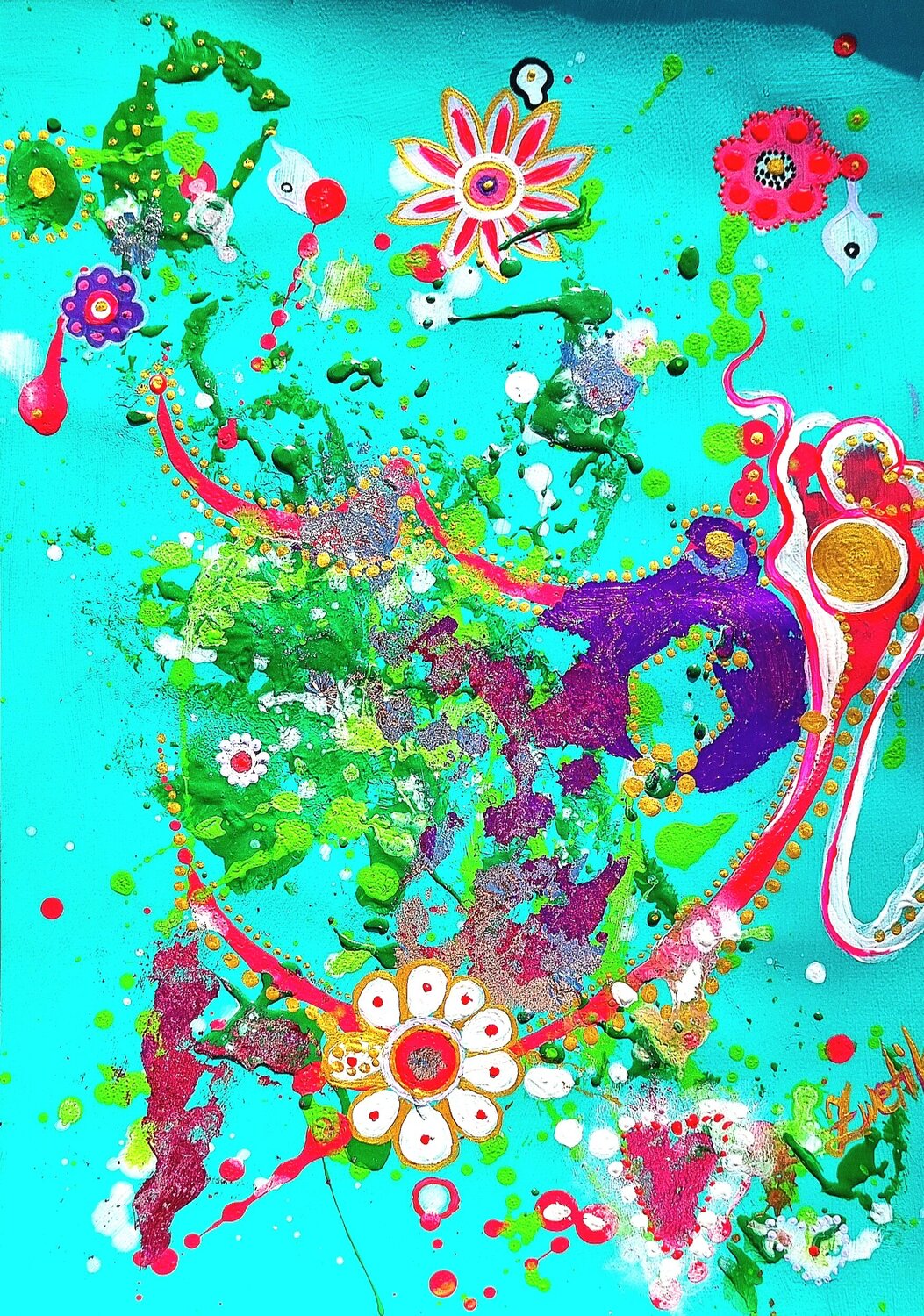 Colorful Floral Explosion with metallic accents on turquoise Lena Zwetik Original painting for sale