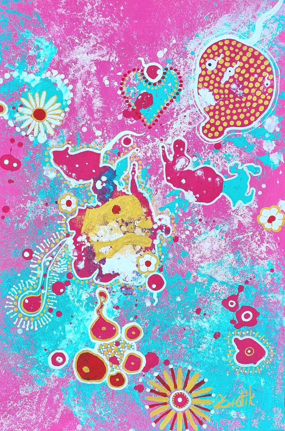 Surreal Hearts in Bloom on turquoise, magenta, pink, white Lena Zwetik Original painting for sale