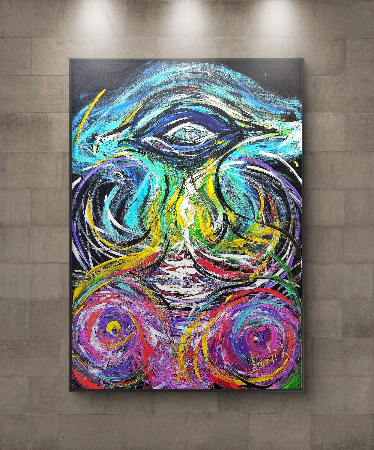 Surreal eye of the abstract universe with blue,turquoise,pink Lena Zwetik Original painting for sale
