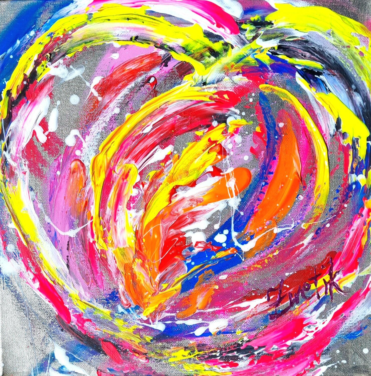 Abstract Neon Heartbeat of Colors in pink, yellow, orange, blue Lena Zwetik Original painting for sale