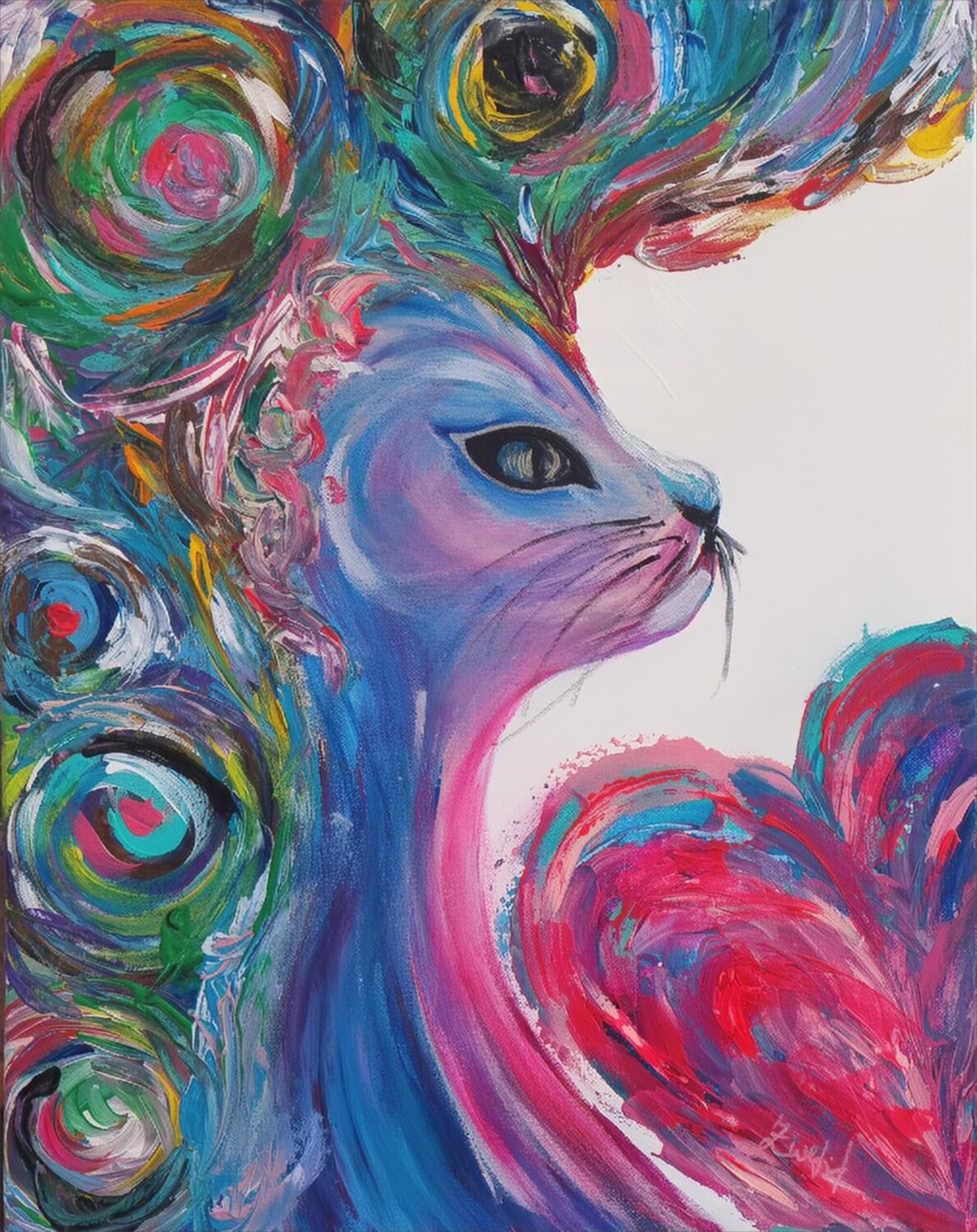 Dream Cat/lilac,purple,pink lines & colorful circles Lena Zwetik Original painting for sale