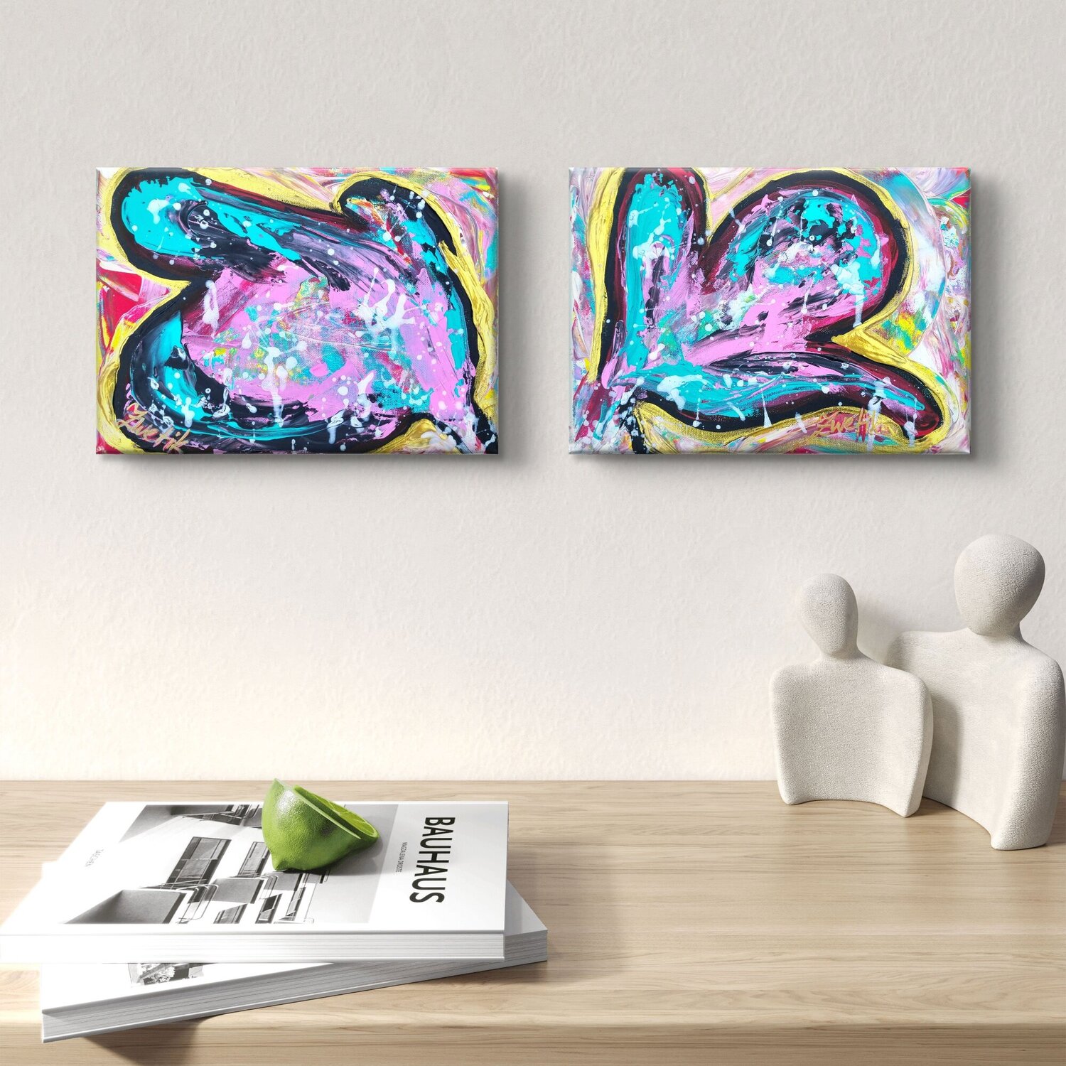 Expressionistic Heart in pink, turquoise, black, gold, white Lena Zwetik Original painting for sale