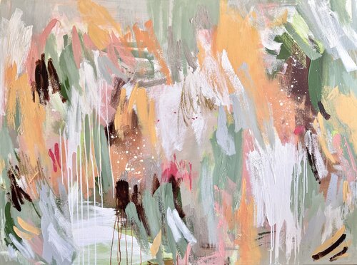 Dreaming of... – grün orange Bild, abstraktes Gemälde, gerahmt in Eiche (Echtholz) by Diana Alb, Painting for Sale on Select