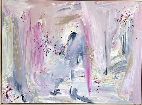 Chasing the dream – rosa, blau, beige Bild, abstraktes Gemälde gerahmt in Eiche (Echtholz) by Diana Alb, Painting for Sale on Select