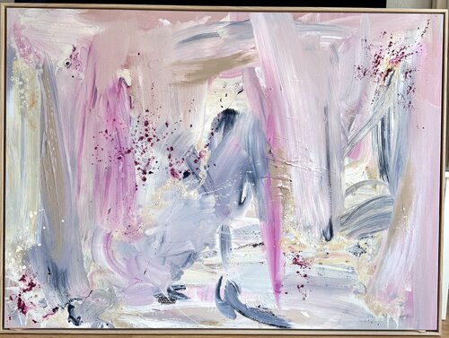 Chasing the dream – rosa, blau, beige Bild, abstraktes Gemälde gerahmt in Eiche (Echtholz) by Diana Alb, Painting for Sale on Select