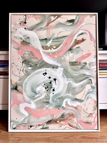 Beginnings – rosa, beige, salbei Bild Kunstwerk Malerei, gerahmt in weiß by Diana Alb, Painting for Sale on Select