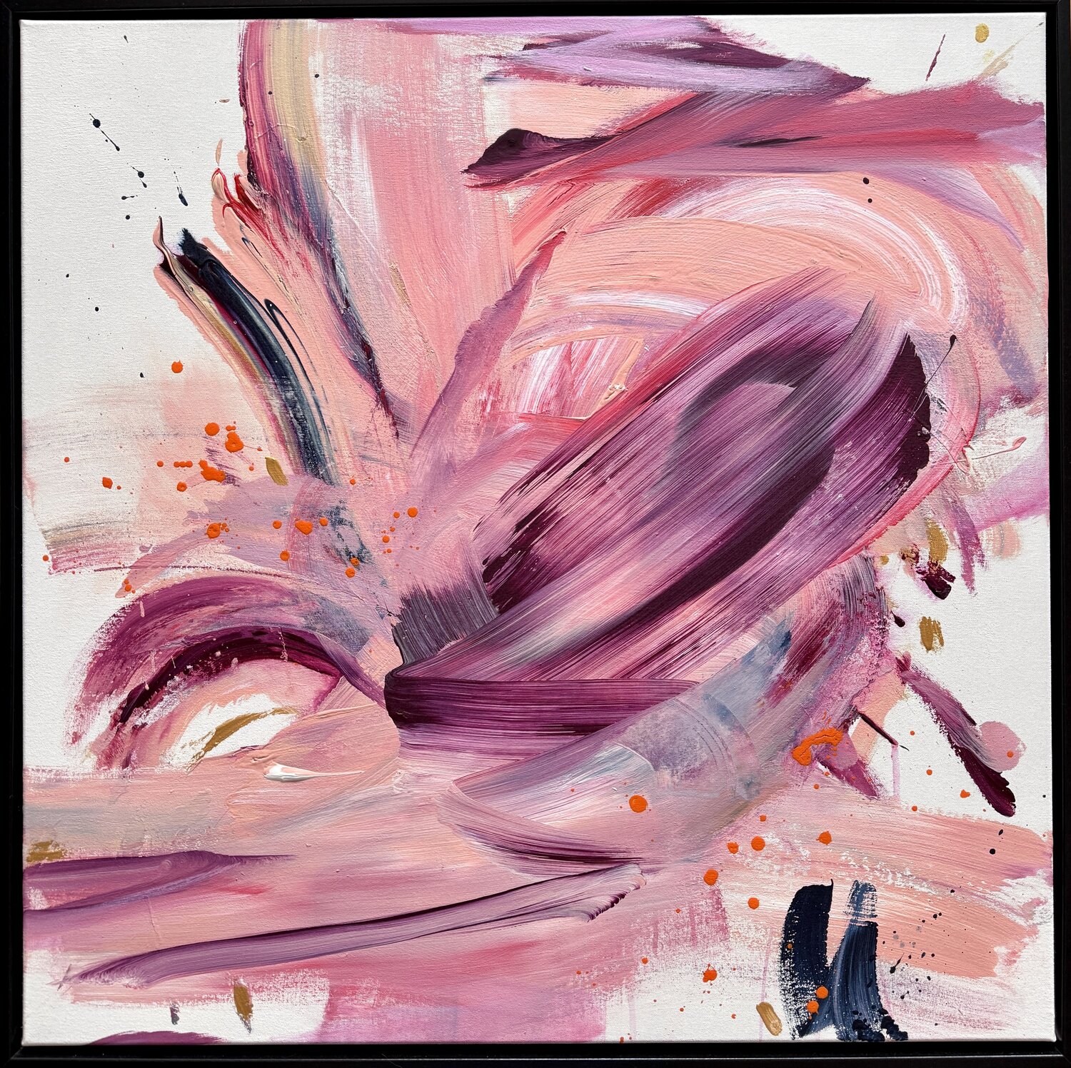 Yes! – rosa Bild dynamisch, gerahmt in schwarz Diana Alb Original painting for sale