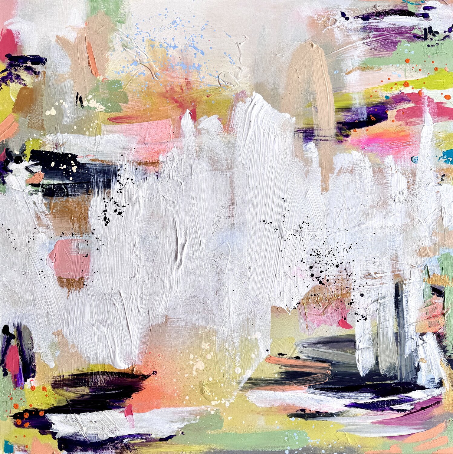 Euphorie - grün gelb abstrakte Malerei, buntes Bild (gerahmt in Eiche Naturholz) Diana Alb Original painting for sale